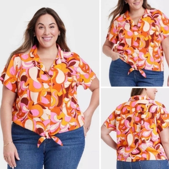 Ava & Viv Tops - Ava & Viv Linen Blend Psychedelic Top Plus Sz 2X Tie Hem Retro 70s Hippie Groovy